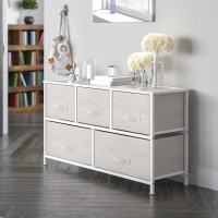 Flash Furniture WX-5L206-X-WH-GR-GG 5 Drawer Wood Top White Cast Iron Frame Vertical Storage Dresser with Light Gray Easy Pull Fabric Drawers